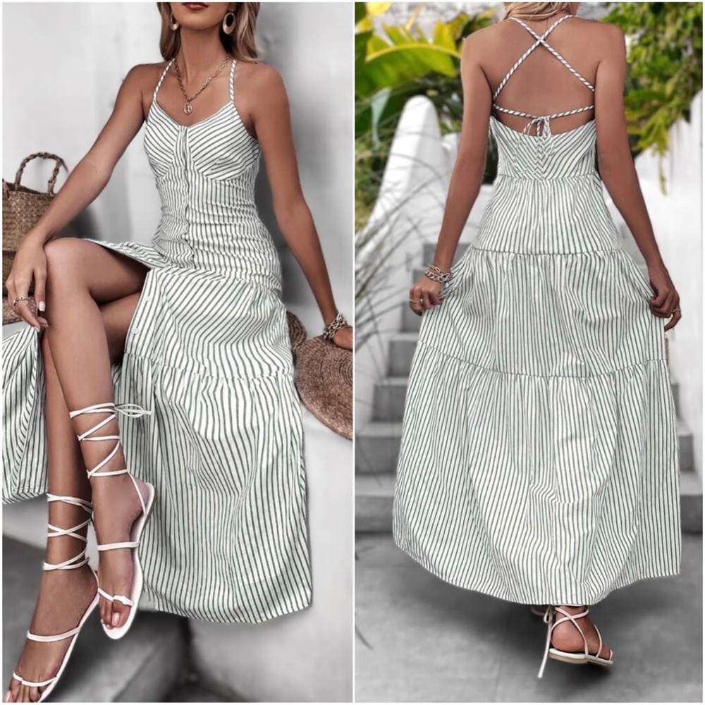 Boho Striped Button up Criss Cross Maxi Dress - Picture 2 of 4